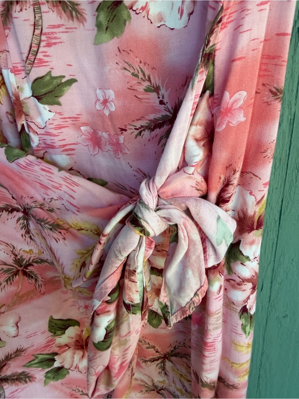 Women Vintage Hawaiian Tropical Beach Print Pink Tie-Side Wrap Mini Pinup Dress - Picture 4 of 5
